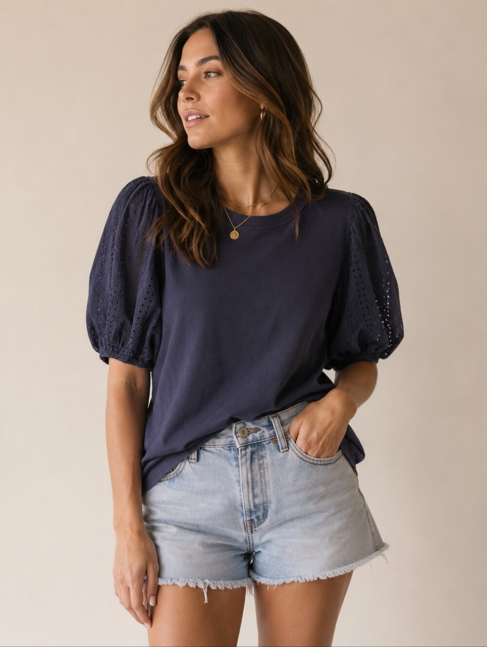 LOFT | Navy Eyelet Puff Sleeve Top, Size S
